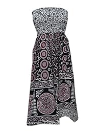 Indian Boho Casual Party Dress Black Printed Gypsy Hippy Strapless Dresses S