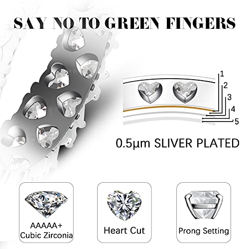 UHIBROS 2Rows Heart Cut Eternity Ring 14K Silver Plated Cubic Zirconia Wide Wedding Band Fashion Rings for Women Men