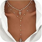 4PCS Layered Gold Cross Necklaces for Women Trendy, Bohemian Bead Pearl Y Long Pendant Necklace Set, Vintage Rosary Necklace Stack Adjustable Length