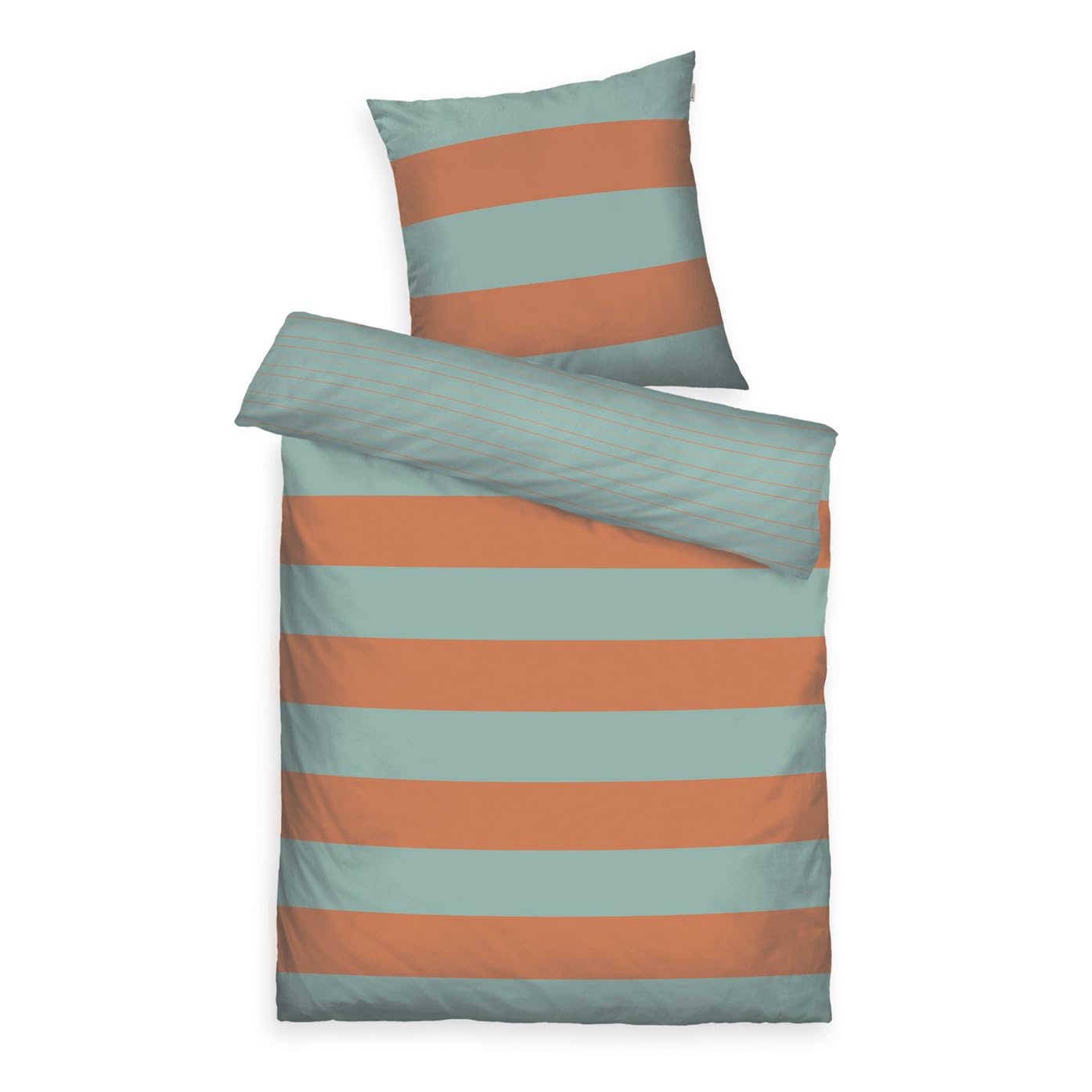 Herding Tom Tailor Bed Linen, Bold Stripes, Warm Coral & Fresh Sage, 80 x 80 cm + 135 x 200 cm, 100% Cotton/Renforcé, with Reversible Motif and Coloured Branded Zip