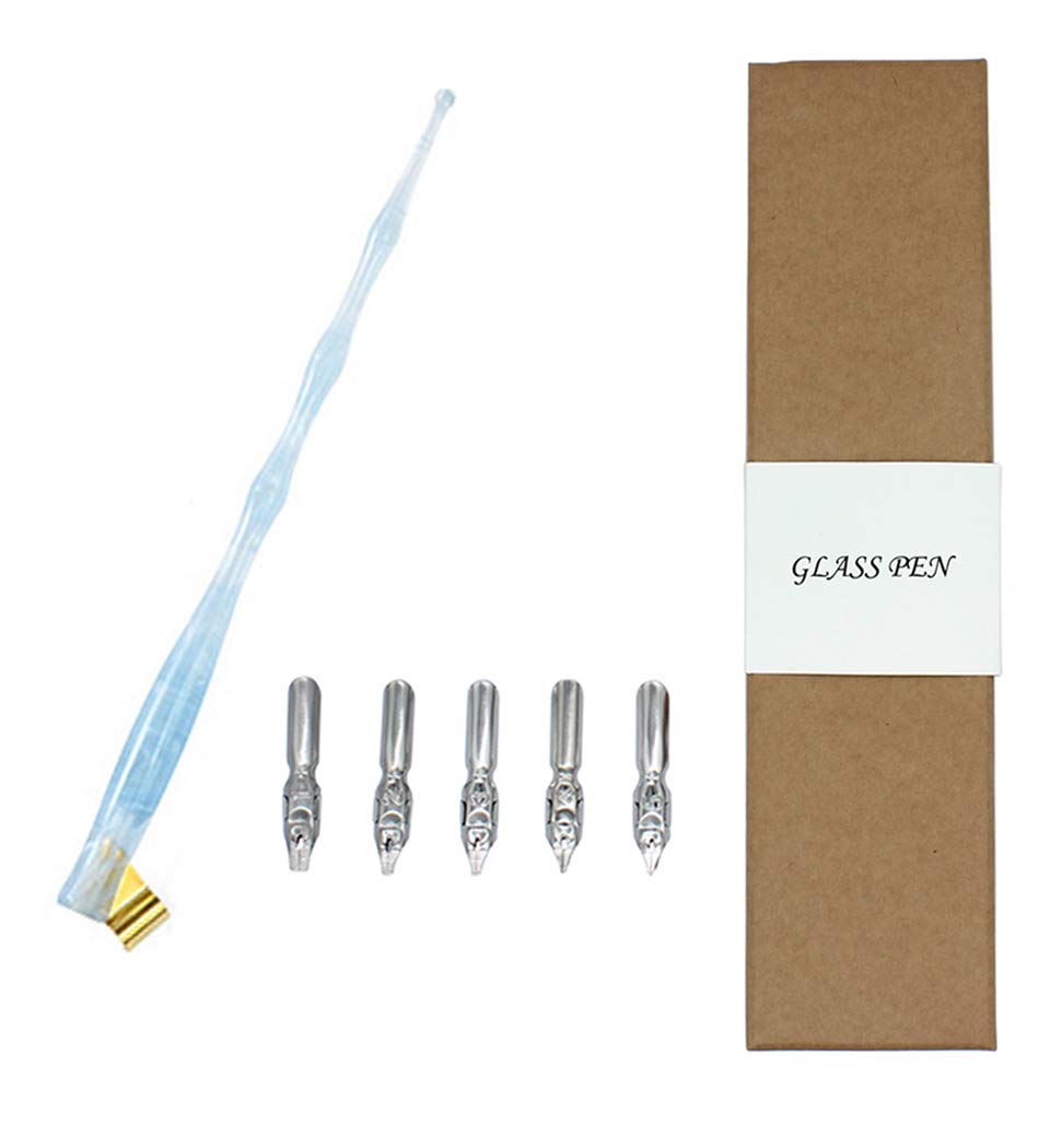 Hillento Resin Calligraphy Nib Pen Point Holder, Oblique English Calligraphy Pen Nib Holder with 5 Flat Nibs, Transparent Blue