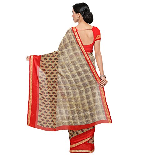 Triveni Indian Women's Beige Faux Georgette Printed Saree - Image 5