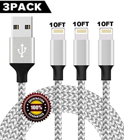 BULESK Lightning Cable 3Pack 10FT Nylon Braided Certified iPhone Cable USB Cord Charging Charger for Apple iPhone X, 8, 7 Plus, 6, 6s, 6+, 5, 5c, 5s, SE, iPad, iPod Nano, iPod Touch (Grey White)