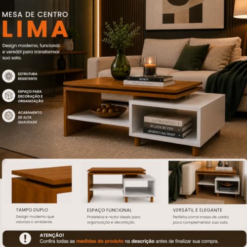 Mesa de Centro Lima multiuso para Sala de Estar com Nicho Organizador e Prateleira Decorativa – Design Moderno e Funcional.