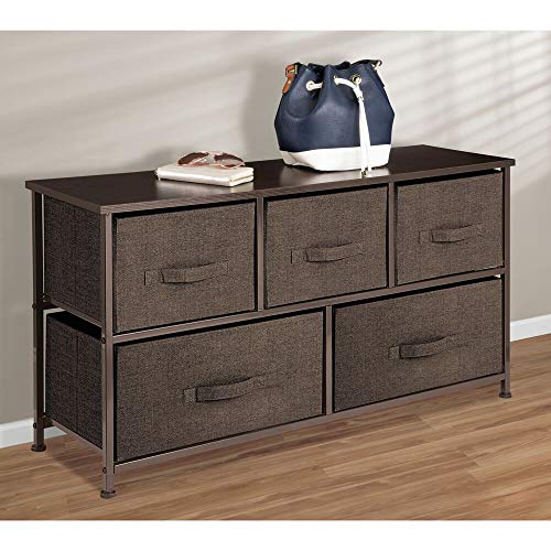 mDesign-Extra-Wide-Dresser-Storage-Tower-Sturdy-Steel-Frame-Wood-Top-Easy-Pull-Fabric-Bins-Organizer-Unit-for-Bedroom-Hallway-Entryway-Closets-Textured-Print-5-Drawers-Espresso-Brown