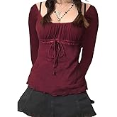 Y2K Mesh Top Women Long Sleeve Shirts Scoop Neck Ruffle Hem Babydoll Blouse