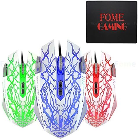 USB Wired Gaming Mouse,FOME GAMING 2500 DPI Wired USB Optical Mouse Mice,Up to 6000 DPI, 9 Programmable Buttons with 7 Color Option LED Gaming Gamer Ergonomic Mouse White Color + FOME GAMING Mouse Pad