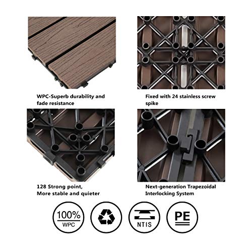 PANDAHOME 22 PCS Deck & Interlocking Flooring Tiles, 12"x12", Wood-Plastic Composite Patio Tiles, Water Resistant for Indoor & Outdoor, 22 sq. ft - Coffee Wood Grain