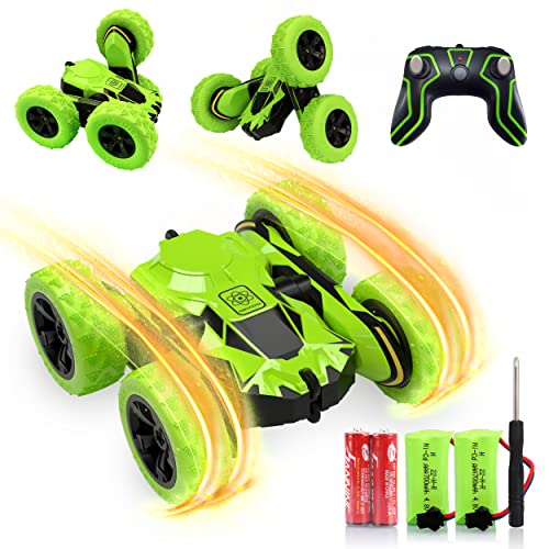 Remote Control Car, AEROQUEST RC Cars Stunt Car Toy, 4WD 2.4Ghz Double Sided 360° Rotating RC Car with Headlights, Kids Xmas Gift Toy Cars for Boys/Girls Ages 6+ (Green)