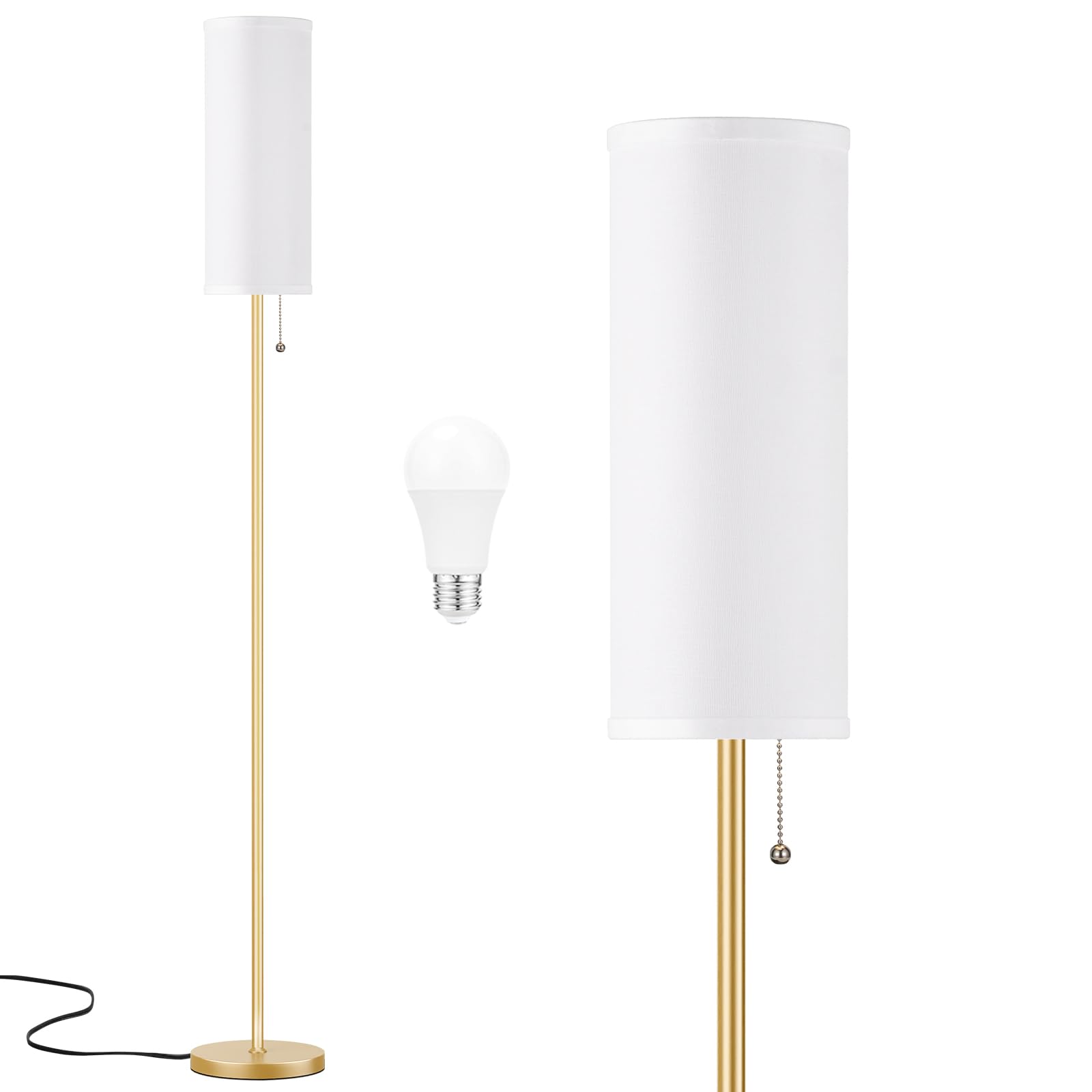 Ambimall Floor Lamp with 3 Color Temperatures Bulb, 64" Standing lamp with Linen lampshade for Bedroom, Minimalist Pole Lamp, White Shade & Gold Pole Image