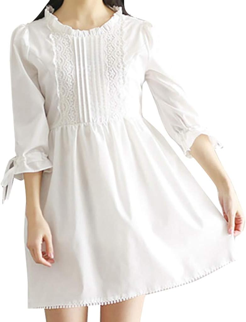 Women White Dress Lovely Sweet Girl Japanese Style Lace Short Sleeves