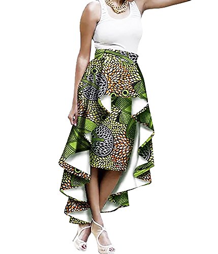 Sherrylily Womens Plus Size African Print Ruffles High Low Hem A Line Maxi Skirts Dresses Light Green