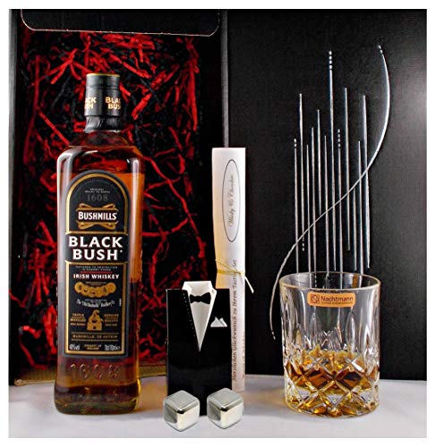 Geschenk Bushmills Black Bush irischer Whiskey + Glaskugelportionierer + Glas + 2 Whisky Kühlsteine