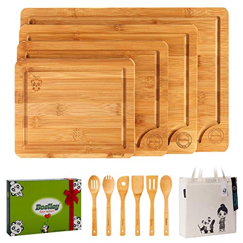 Boelley Bambus-Schneidebrett-Set mit 4 Schneidbrettern Saftrille – Griffe Serviertablett Küche Schneidebrett für Metzgerblock, Käse und Gemüse Holz-Sc