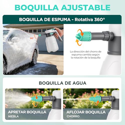 HAUSHOF Espumador Eléctrico para Coche 1,8L, Pulverizador de Espuma 2 en 1 | Inalámbrico 8V, 2 Boquillas Ajustables, Uso sin Bombeo Manual, Incluye Detergente, Guantes y Toalla