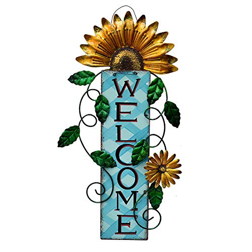 E-view Metal Welcome Sign Rustic Wall Hanging Plaque - Decorative Welcome Flower Signs for Porch Front Door Farmhouse Home Decoration Garden Themed Wreath Ornament (Yellow)