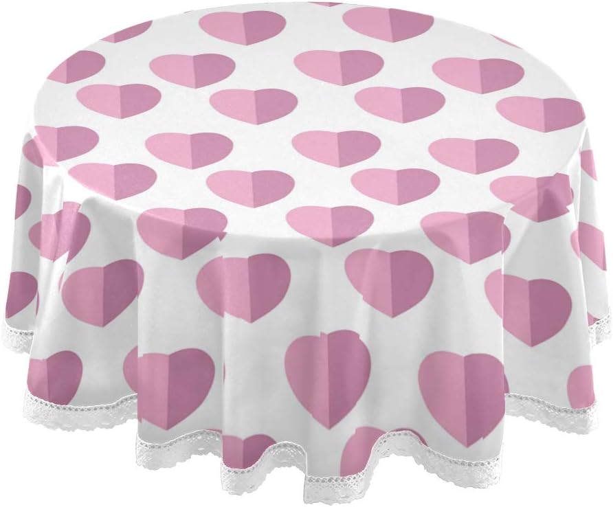 Round Tablecloth Pink Heart Valentine Day Fabric Tablecloth,Round Lace Table Cloth, Circular