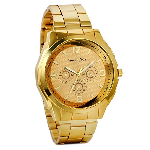 Free Customized Engraving, JewelryWe Men's Gold IP Stainless Steel Quartz Wrist Watch, Birthday Gift for Him