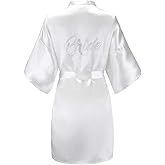 EPLAZA Women's One Size Silver Rhinestones Bride Bridesmaid Short Satin Robes for Wedding Party Getting Ready