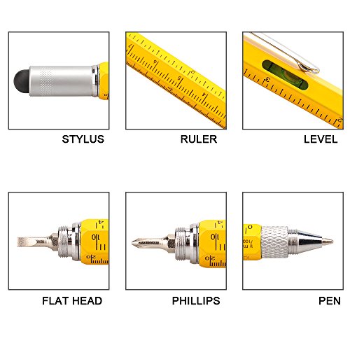 BM Multifunction Tool Pen with Stylus, Ballpoint Pen, Screwdriver, Bubble Level, Universal Ruler and Phillips Flathead Bit Useful Office Gadget Gifts Pack of 2 (Yellow) - Thumbnail 3