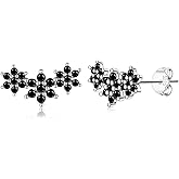 Reffeer Solid 925 Sterling Silver CZ Flower Stud Earrings for Women Teens Black Flower Stud Earrings Spring Cartilage Helix Earrings
