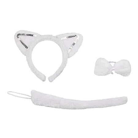 Baoblaze Katze Tier Katzenohren Stirnband Schleife Schwanz Katzenkostüm Kostümset für Damen Mädchen - Weiß