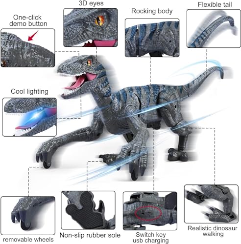 Juguetes de Dinosaurio para Niños, Dinosaurio Control Remoto de 2.4Ghz con Truco de Rotación de 360°, Dinosaurio Robot de Control Remoto con Luces y Rugidos, Regalos para Niños y Niñas de 3 a 8 Año