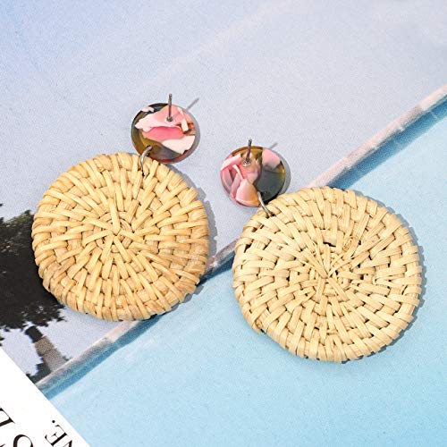 MOLOCH Rattan Earrings Handmade Lightweight Straw Wicker Braid Woven Drop Dangle Earrings Acrylic Resin Disc Statement Stud Earring (Disk Floral)