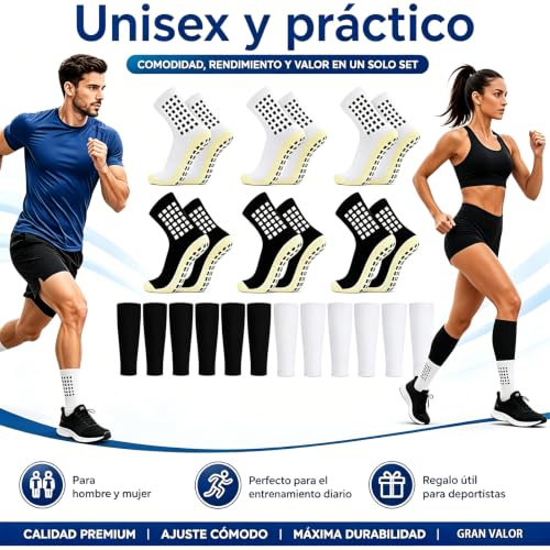 6 Pares Calcetines de Fútbol y 6 Pares becerro Mangas combinación, Soccer Calcetas Antideslizante，Calceta Manga Sin Pie，Antideslizantes y Absorbentes Sudor de Calcetas Deportivas,Mayor Agarre