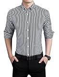 DOKKIA Men's Formal Business Vertical Striped Button Down Long Sleeve Dress Shirts (Large, Black White)