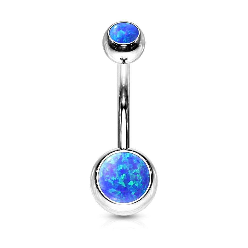 PiercedOff 316L Surgical Steel Externally Threaded Belly Bar with 2 Blue Synthetic Opal Balls - Thickness 14GA (1.6mm) / Length 10mm / Ball Sizes 5mm Top and 8mm Bottom