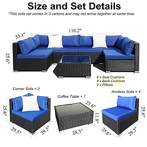 OUTDOOR DIAMOND 7pcs Patio Wicker Furniture Set All-Weather PE Rattan Sectional Conversation Sofa w/Tea Table & Washable Couch Cushions for Porch Backyard Garden (Black Sets + Blue Cushion)