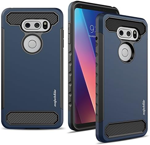 LG V30 Case, MyGotec [Slim Fit] Shockproof Soft Silicone Carbon Fiber Dual-Layer Durable Armor Case - Dark Blue