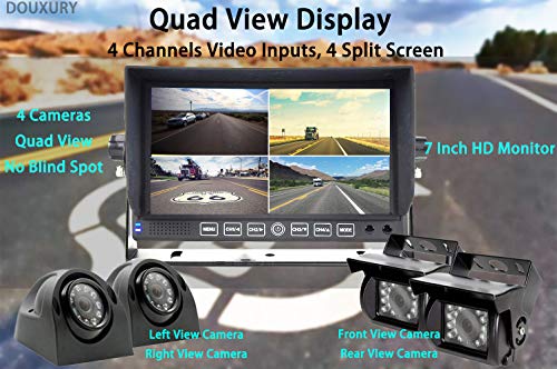 DOUXURY Backup Camera System, 4 Split Screen 7'' Quad View Display HD Monitor with DVR Recording Function, Waterproof Night Vision Cameras x 4 for Truck Trailer Heavy Box Truck RV Camper Bus