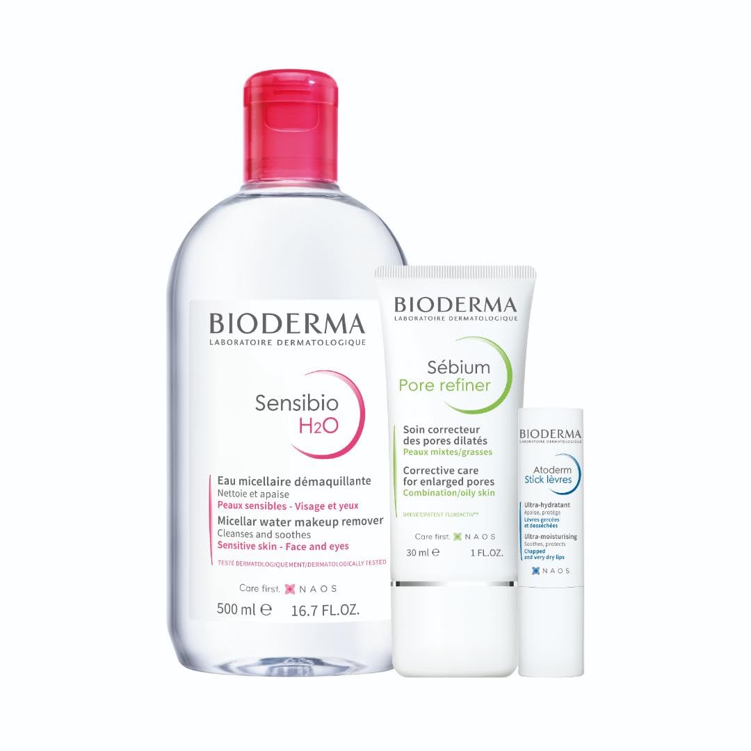 Bioderma Sensibio H2O 500ml + Sébium Pore refiner + Atoderm Lipstick - Makeup Essentials Bundle Image