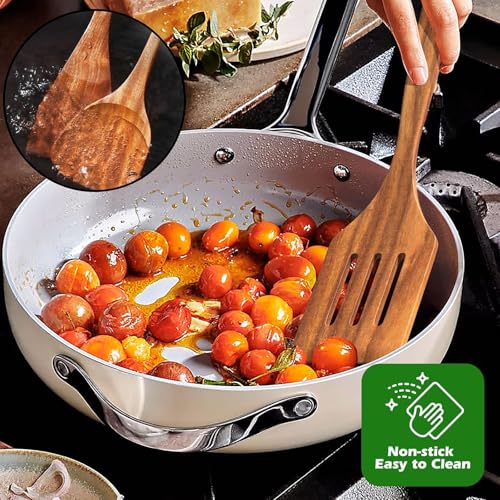 CENXI Wooden Cooking Spoons, Cooking Utensils 9 pcs, Natural Teak Wooden Cooking Spatulas, with Utensils Holder and 7Hooks, Comfort Grip Wooden Kitchen Utensils for Nonstick Cookware (9pcs&hook)