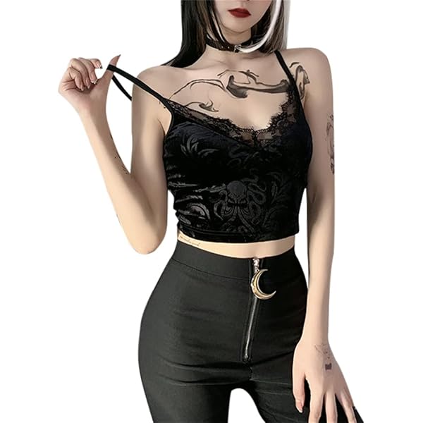 Women's Grunge Goth Buckle Tank Top - Black Sleeveless Cami With Choker & Chains, Punk Alt Y2K Style, Size Large - View #4