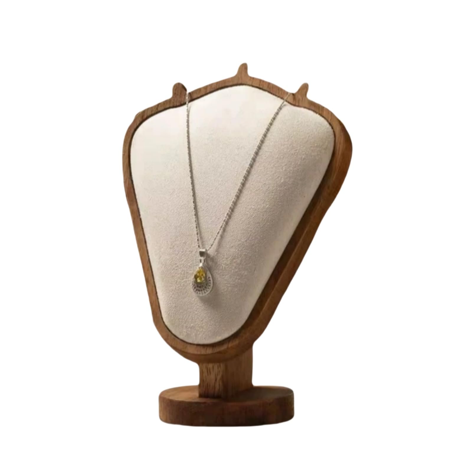 Photo 1 of SWTOOL Walnut Color Body Wood Necklace Display Stand with Beige Flannelette Soft Mat Necklace Holder Organizer Desktop Stand for Home Store Dresser-3.3"x5.8"x8.4"