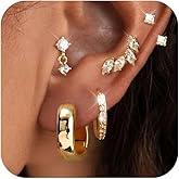 Earring Sets for Multiple Piercing Small Chunky Hoop Earrings Stack Hypoallergenic Cartilage Stud 14K Gold Silver Plated Thick U Huggie Hoops for Women