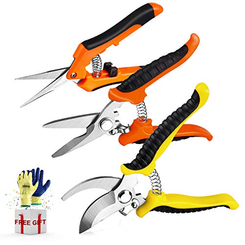Wevove 3 Pack Garden Pruning Shears Stainless Steel Blades Handheld Pruners Set with Gardening Gloves