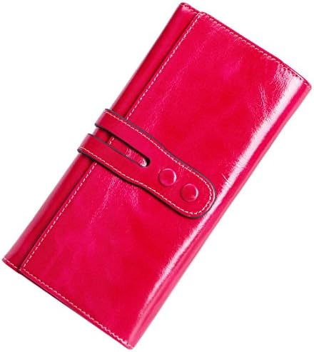 Aojiao Women's Long Luxury Oil Wax Genuine Leather Wallet Girls Double Buckle Concise Purse (Rose Red)