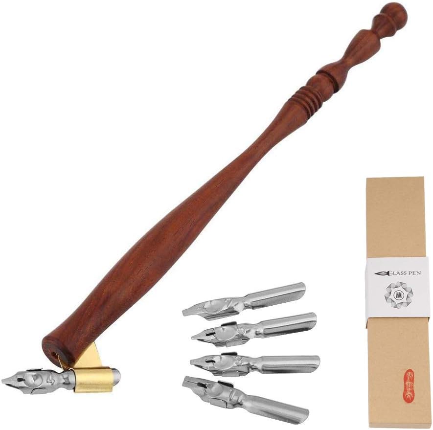 Wooden Calligraphy Oblique Nib Pen Holder with Removable Multi-Fit Brass Flange + 5 Flat Nibs 1MM 1.2MM 1.8MM 2MM 3MM