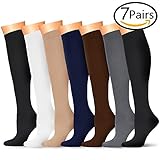 7 Pairs of Upgraded Knee High Graduated Compression Socks For Women and Men - Best Medical Nursing Travel & Flight Socks Running Fitness Shin Splints Maternity Pregnancy15-20mmHg