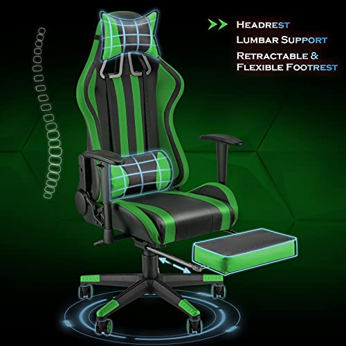 Soontrans-Silla-Gamer-Ergonomica-Sillas-Gaming-con-Reposapies-Reposacabeza-y-Cojin-Lumbar-Reposabrazos-Ajustable-Carga-maxima-de-150-kg-Verde