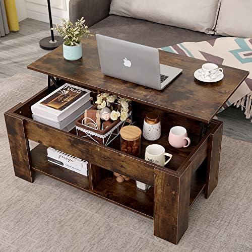 Lift Top Coffee Table with Storage,2 Open Shelves and Hidden