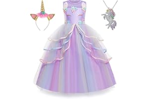 Yipkorra Unicorn Dress for Girls Unicorn Costume Pageant Princess Party Birthday Long Gown with Unicorn Headband & Necklace