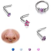 BodyBonita 4Pcs Silver Purple Opal Nose Rings for Women - 316L Surgical Steel Nose Hoops Piercing 18G Septum Rings L Shaped Nose Studs Jewelry Cartilage Conch Daith Helix Tragus Earrings 8 mm Style3
