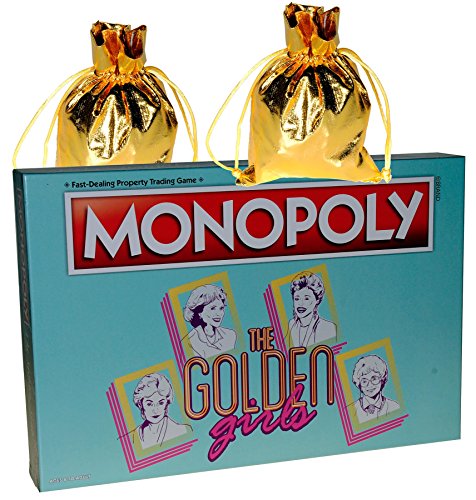 MONOPOLY The Golden Girls Board Game _ Bonus 2 Gold Metallic Cloth Drawstring Pouches _ Bundled Items