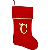 Subyan 20 Inches Initial Monogram Red Christmas Stocking, Personalized Large Embroidered Letter Velvet Christmas Stocking with Gold Trim Decoration for Family Christmas Holiday Party Decor(Letter C)
