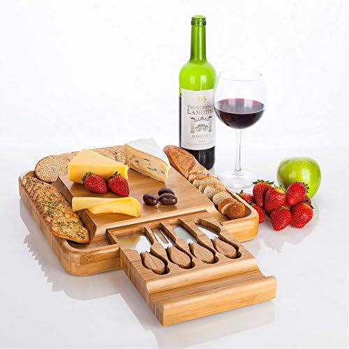 Bamboo Cheese Cutting &amp; Serving Board By ARTO - Large Wooden Kitchen Chopping Tray For Meat, Bread &amp; Fish - 3 Cheese Knives, 4 Serving Forks &amp; A Porcelain Dish For Your Sauces &amp; Condiments Included
